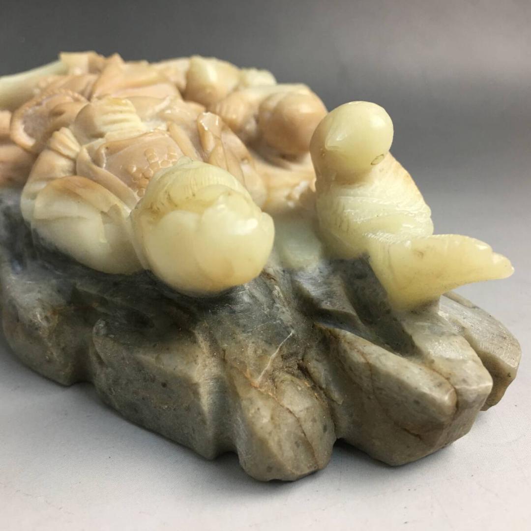 中国美術 唐物 寿山石 観音菩薩立像 童子 鳥 置物 約1.3kg