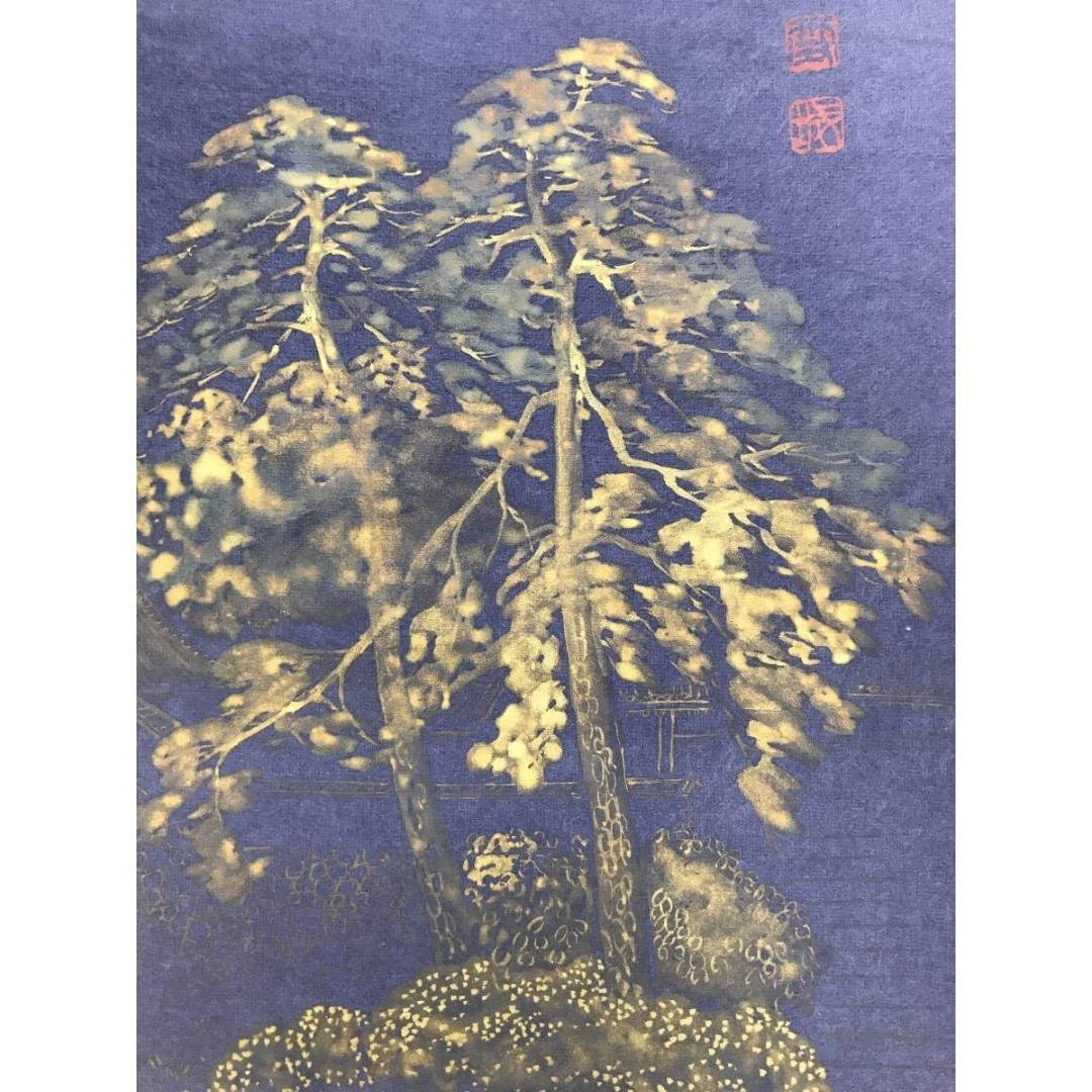 真作/佐々木雪城/明王院/五重塔図/紺紙金泥/塔山水図/掛軸☆宝船☆AK-843