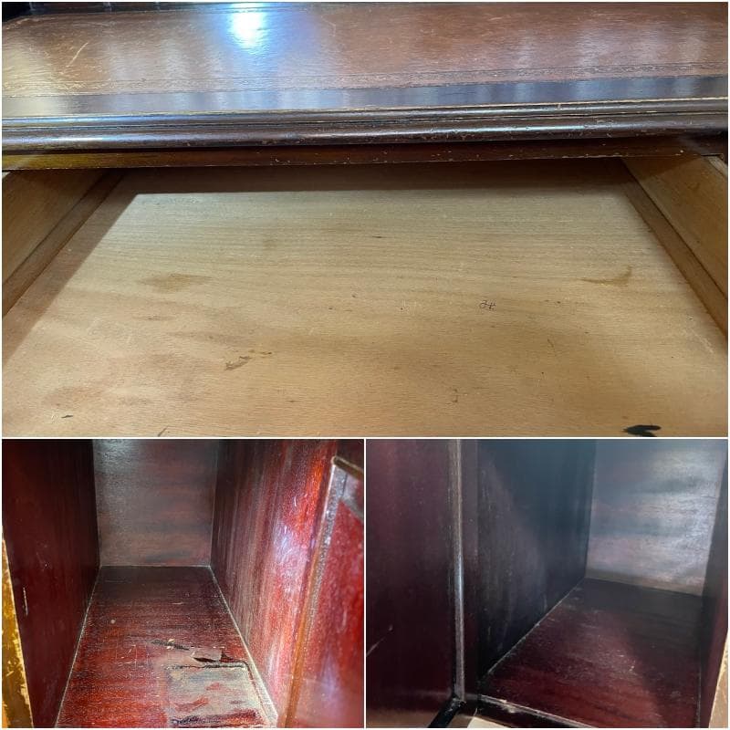 【横浜市引き取り限定です】アンティーク文机 引き出し付き 彫刻入 革デスクトップ