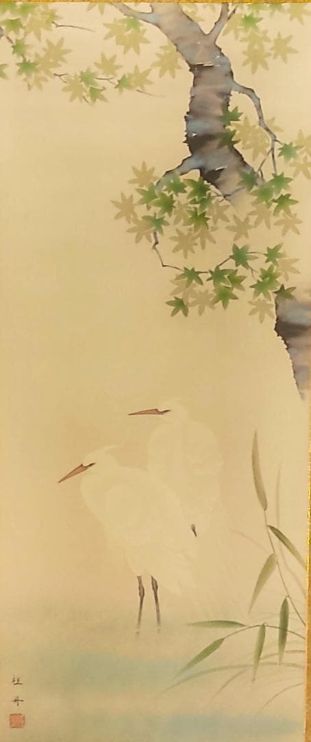掛け軸　四季花鳥　夏　楓に白鷺　長江桂舟　花鳥画　日本画　絵画