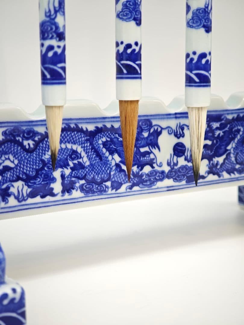 青花 磁器 書道筆掛け 筆置き 中国美術 龍柄 希少