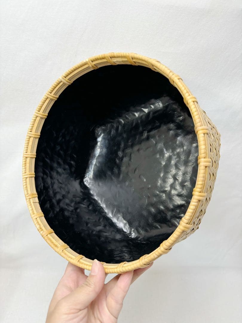 未使用 茶道具 平安 竹美斎作 利休好 鱗篭竹炭斗 刻印 炭取り 竹工芸 共箱