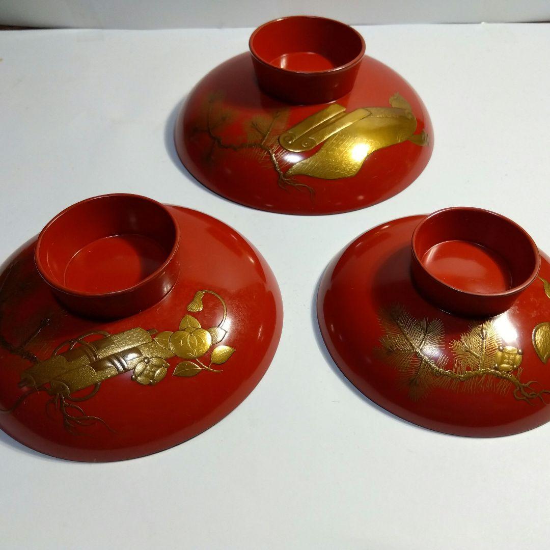 加賀蒔絵　高蒔絵祝い盃　三ッ組盃　　漆芸　時代高級高蒔絵盃　大正期　黒塗共箱