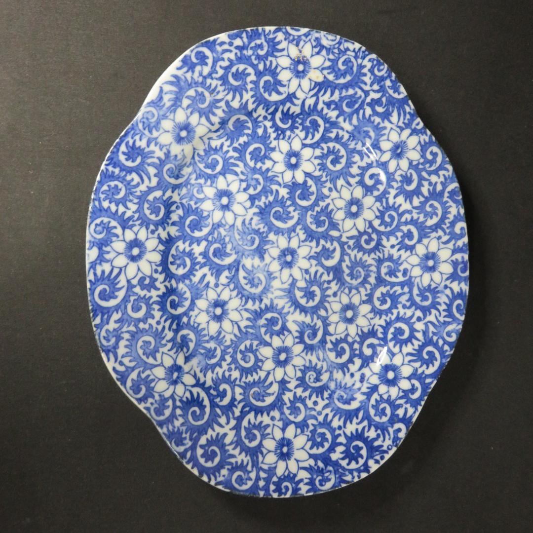 長丸皿 3枚 歪み 変形皿 花唐草 印判 染付 明治 大正