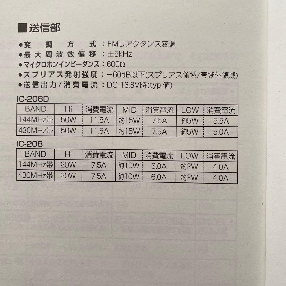 アイコムDUO BAND TRANSCEIVER IC-208 ケーブル付き