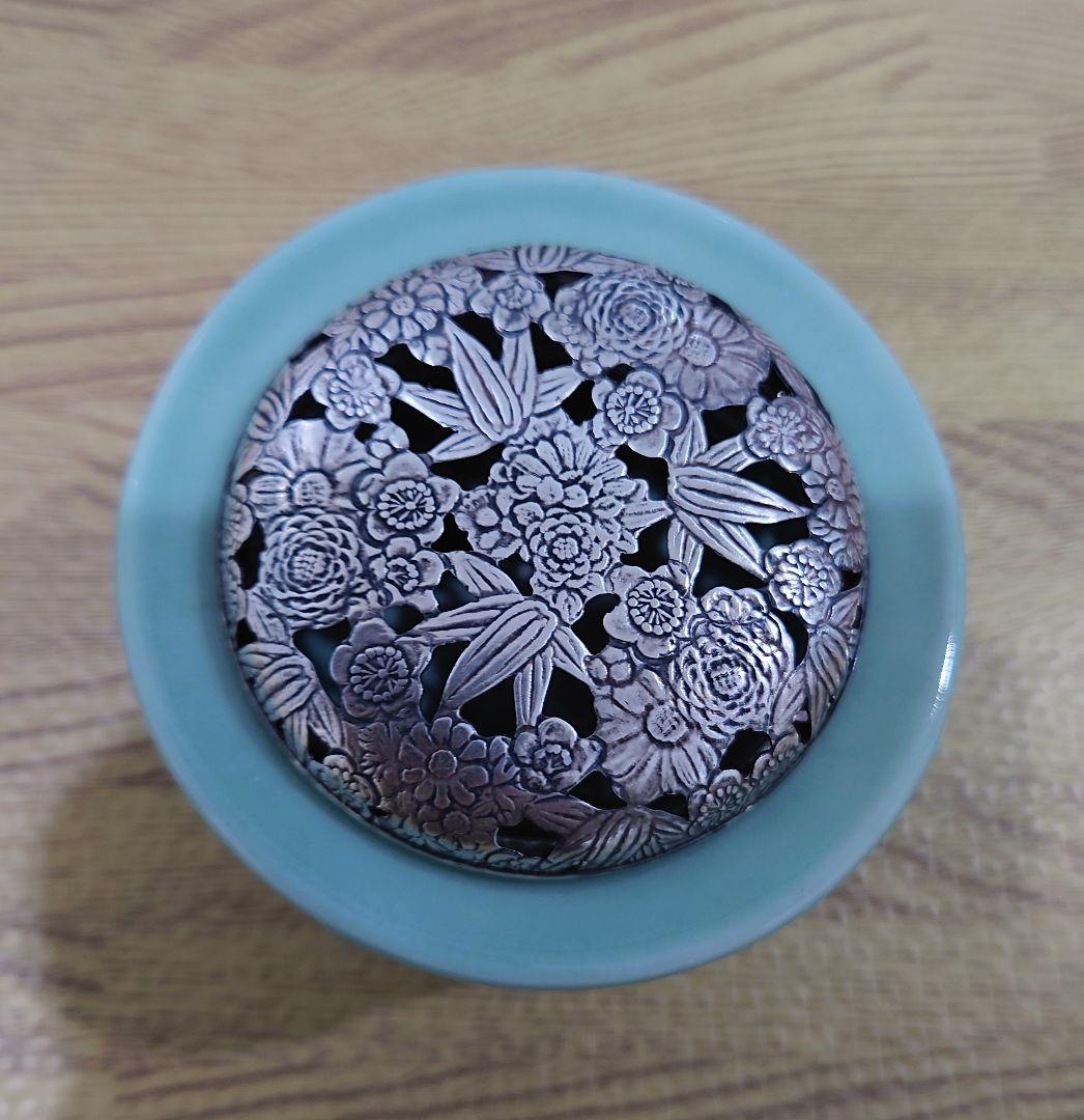 青磁 袴腰香炉 純銀透彫火舎