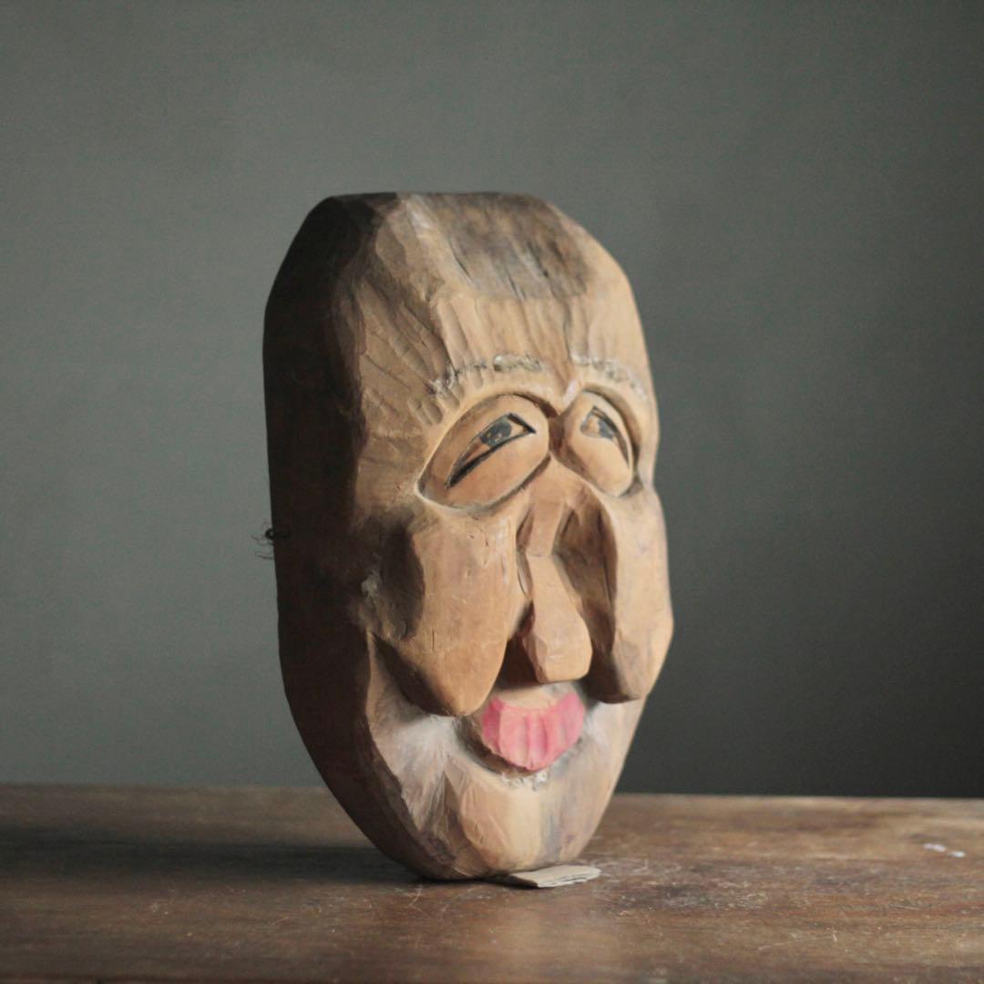 古い 木彫 面 おきな 民芸 古道具 アンティーク オブジェ