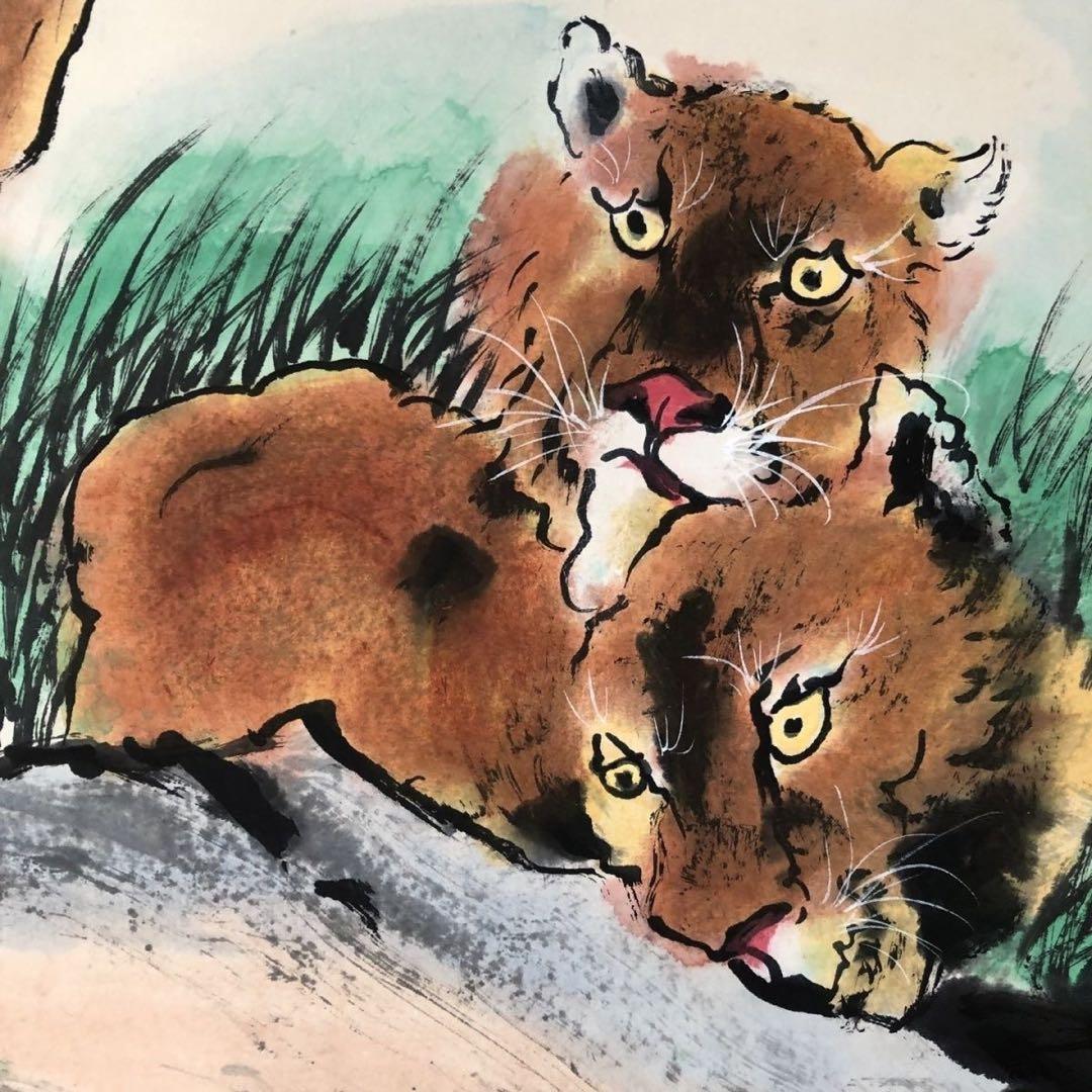 中国画 掛け軸 中堂 猛獣 図 手描き 水墨 彩色 中国美術 インテリア