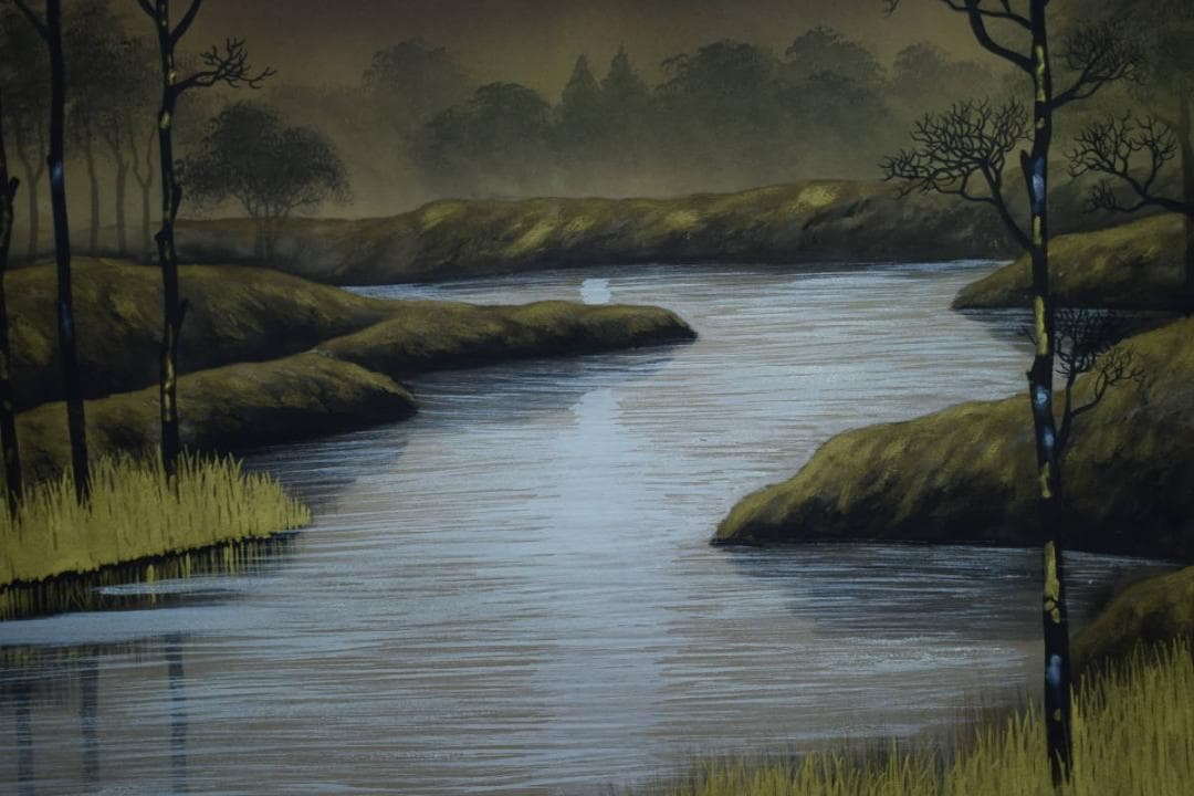 真作/小野守鳳/夕焼け/夕日図/山水/布袋屋掛軸HJ-983