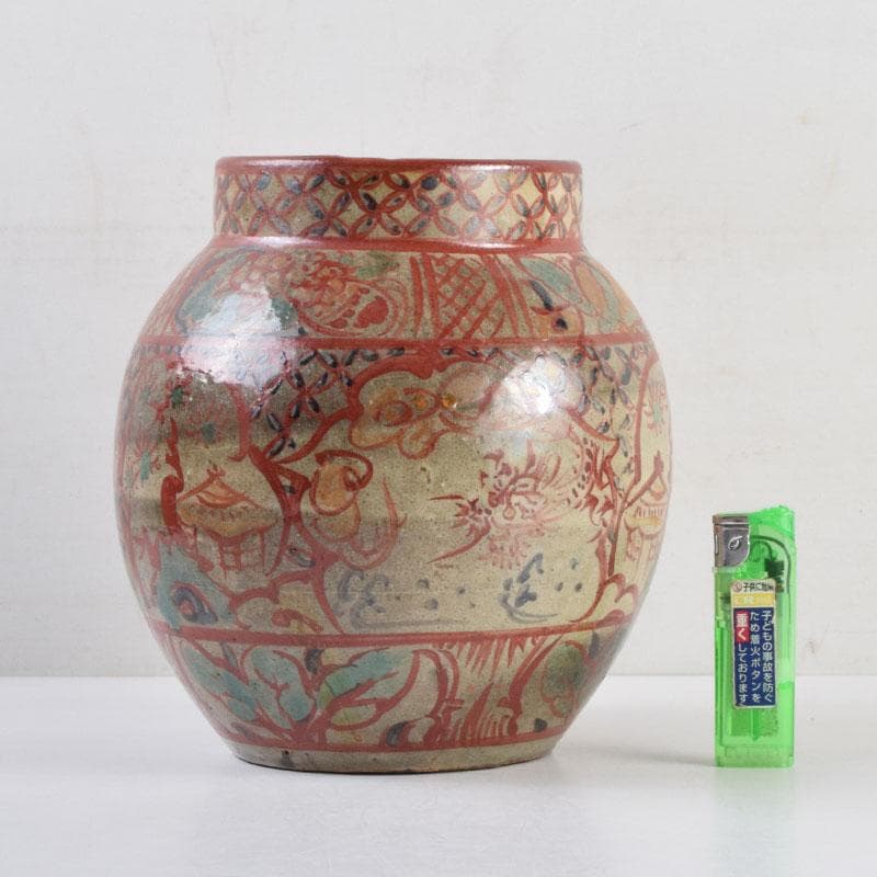 琉球陶器　壺屋焼　小橋川仁王造　神獣山水文　花瓶　共箱　C　8976