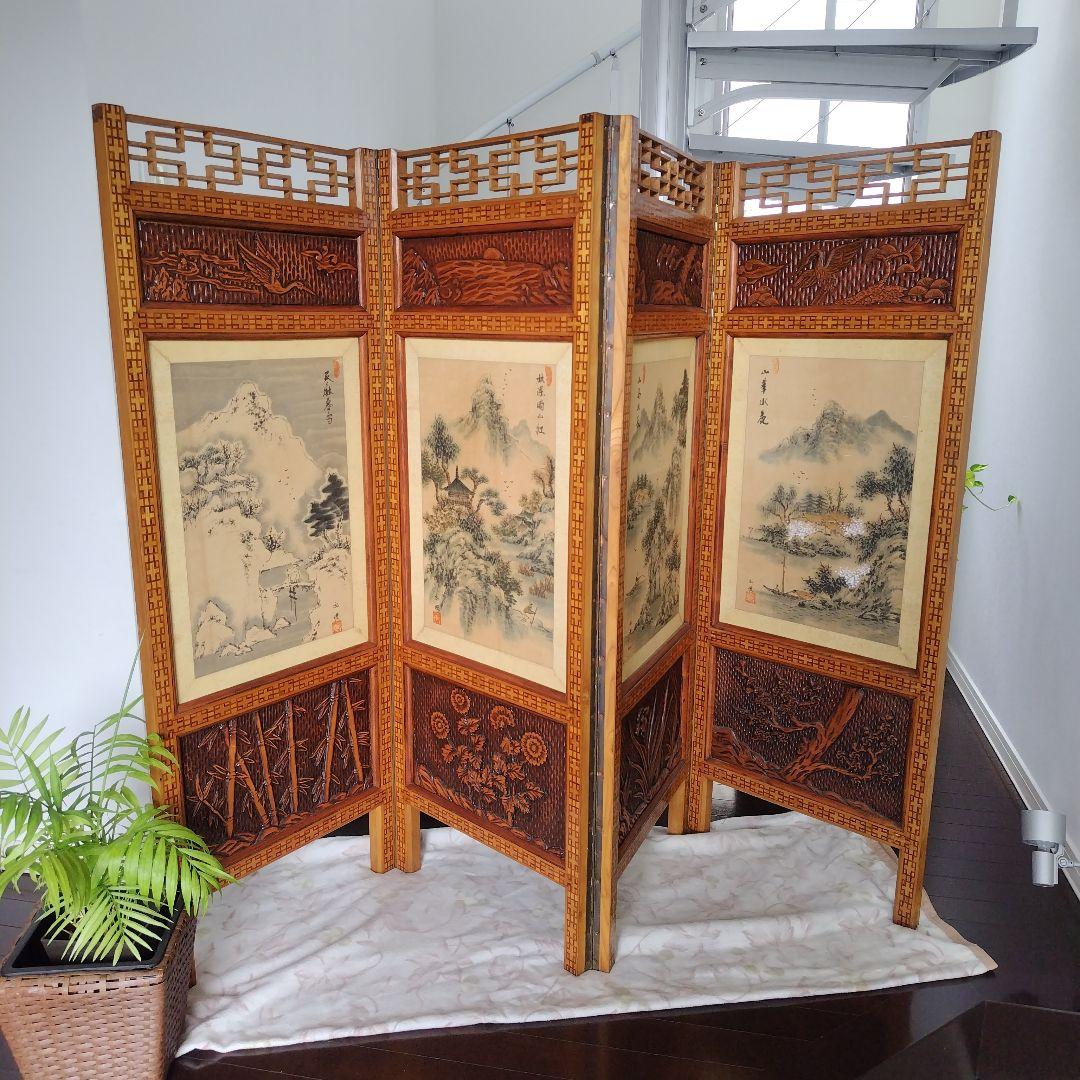 昭和レトロ当時物 美術骨董品 欅 木製衝立4面 水墨画 和モダン