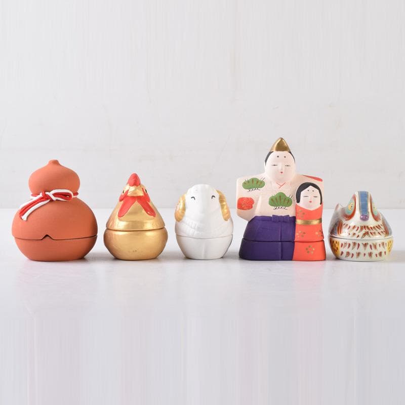 茶道具　楽山作　立雛他　干支　水鳥など　色絵香合　6点まとめて　N　8222