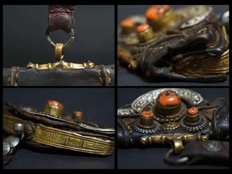 オールドチベット 革製ポーチ財布 古い天然珊瑚象嵌 銀製浮彫り唐草紋 金具装飾