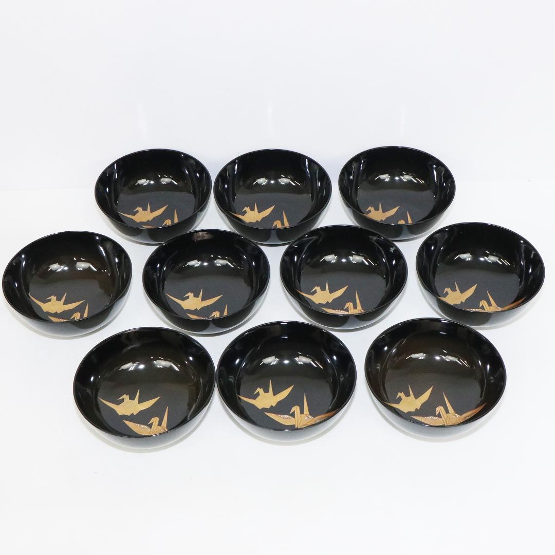 吸物椀　金彩　蒔絵 鶴 縁起物　木製　10客