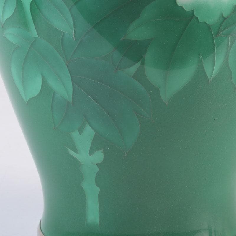 七宝焼　緑釉　牡丹文　花瓶　唐木台付　V　9324