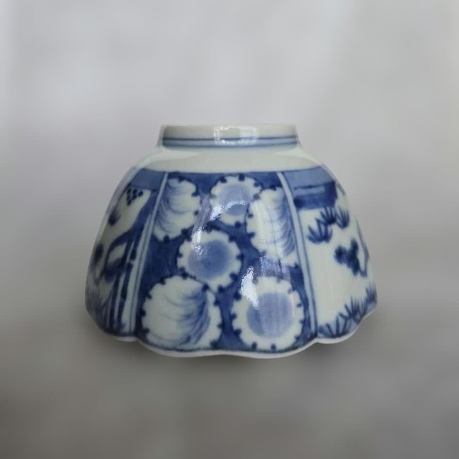 古伊万里　染付　向付　雪輪　芙蓉手　江戸時代　酒器　アンティーク　金継ぎ　金直し