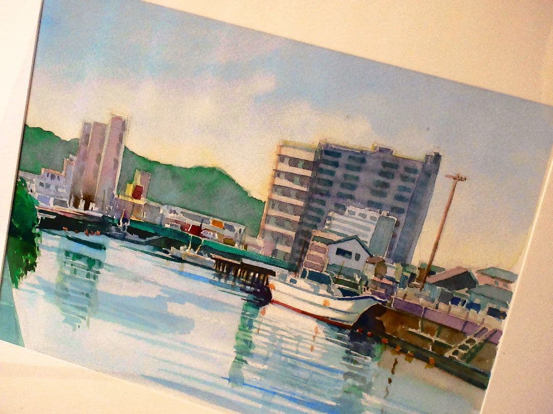 水彩画 河のある風景 2022年 フレーム付き 原画