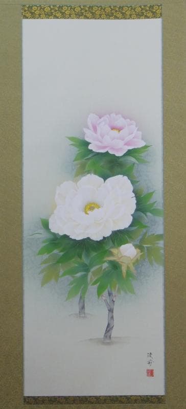 Ｂフライデー肉筆繊細なタッチの掛軸★鈴木優莉作 牡丹 尺五立★高さ：約189cm