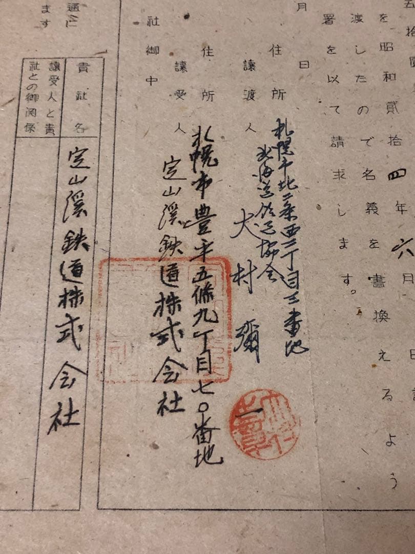 昭和20年代　日本鉄道協会内　交通商事株式会社　株式名義書換請求書　定山渓鉄道