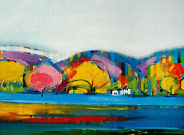 油絵 菅家令子 絵 絵画インテリア額付(青緑＋金色の枠)uF6-081811風景