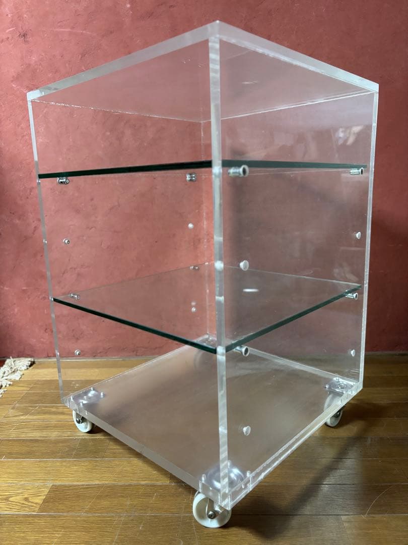 アクリル製　キャスター付き　ショーケース 棚　ガラス棚板2枚付き