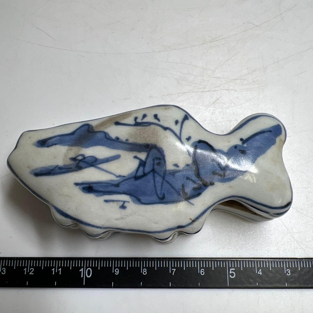 中国明時代　古染付魚文香合　木箱付　幅約9㎝　東Y8-0203①タルサ