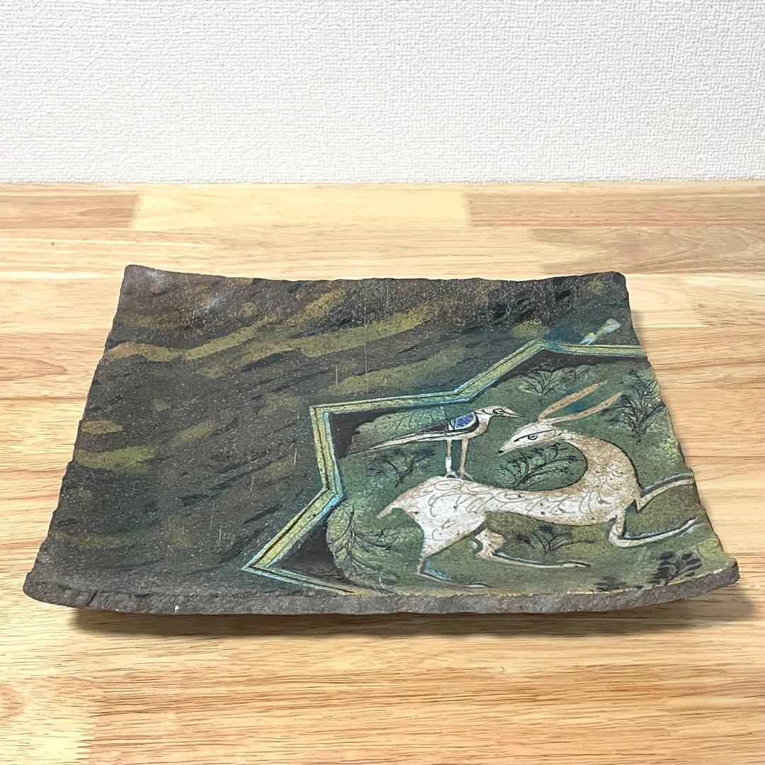 山本長左 九谷長左 飾皿 角皿 九谷焼 鹿に鳥図