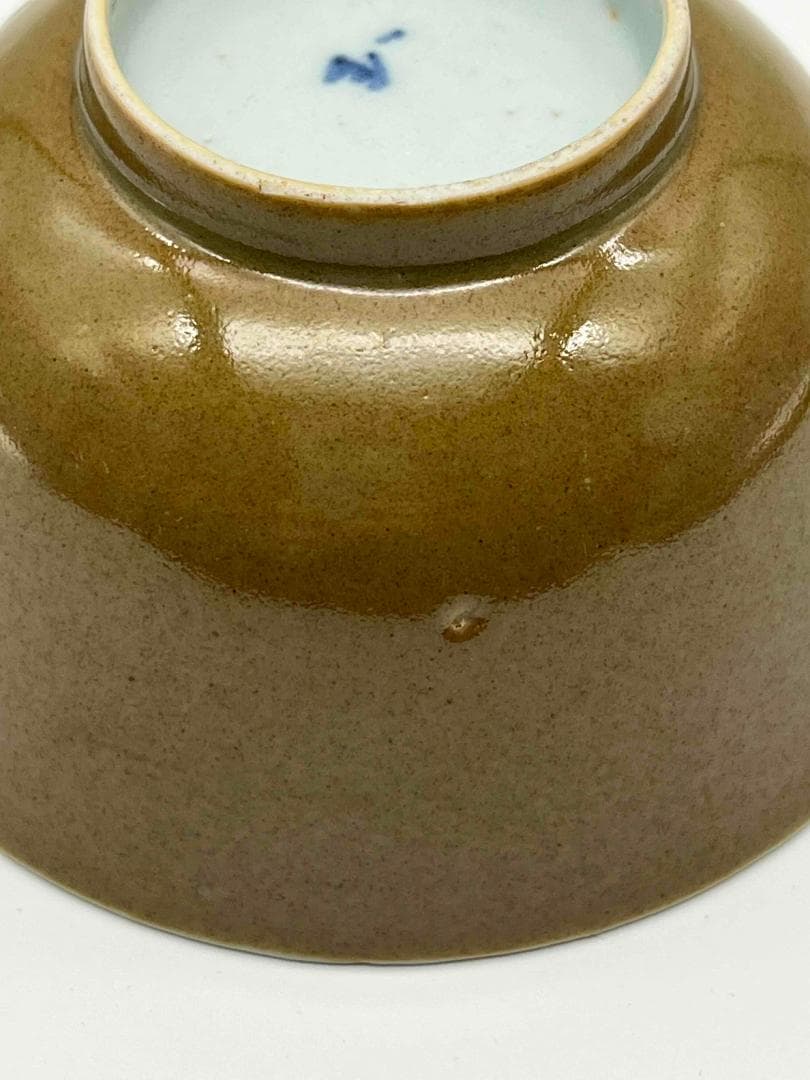 清光緒時代 紫金釉青花草虫文杯 压手杯 茶道具　茶杯 盃 煎茶碗(F-74)