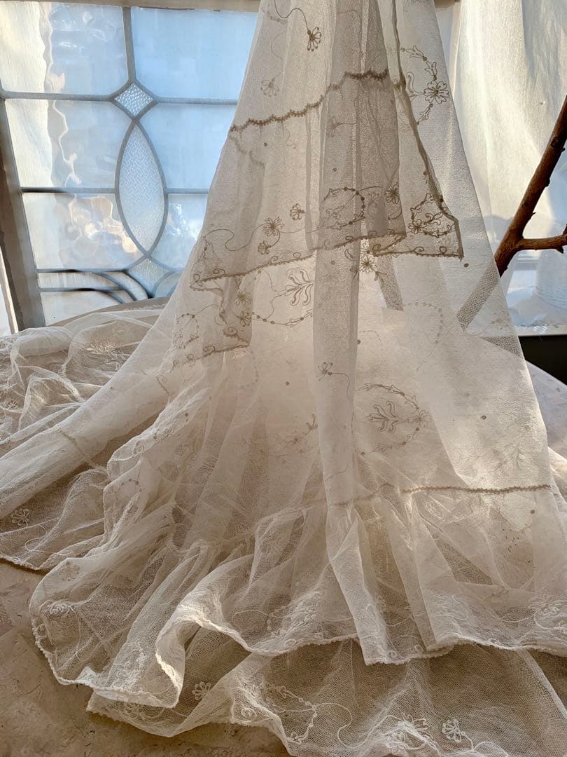 フランスアンティークコーネリー刺繍チュールレースロングカーテン※古色ホワイト
