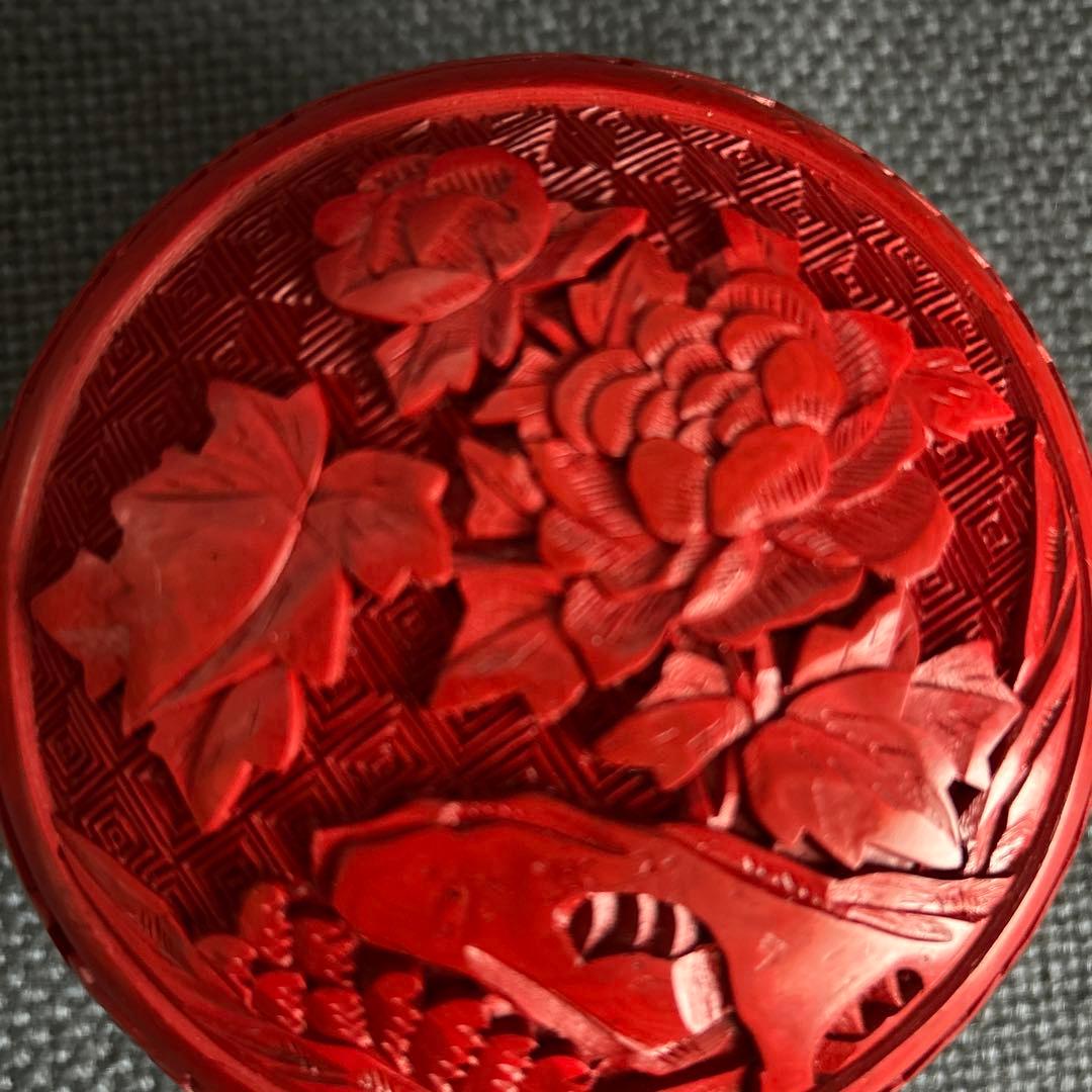 中国骨董【旧家蔵民国時代大き目銅胎彫漆堆朱内七宝香合印泥合】細工精密花鳥彫刻貴重