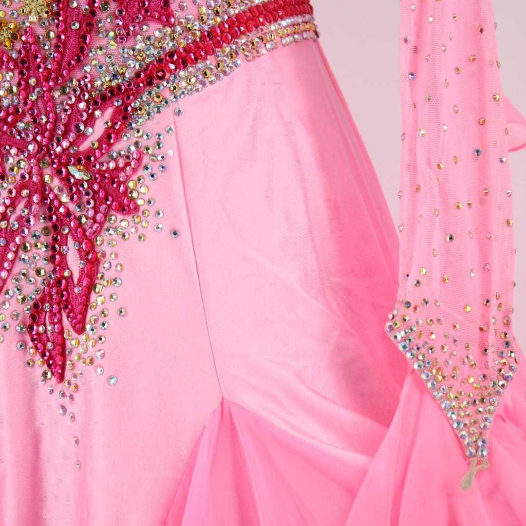 【美品 社交ダンス衣装】ピンク ワンピース ドレス ラインストーン チョーカー