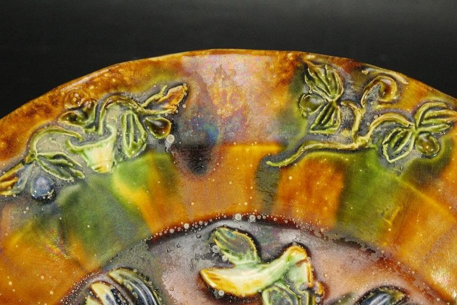 中国美術 唐三彩 双鳳紋 三足 盤 φ31cm 希少(LC247)