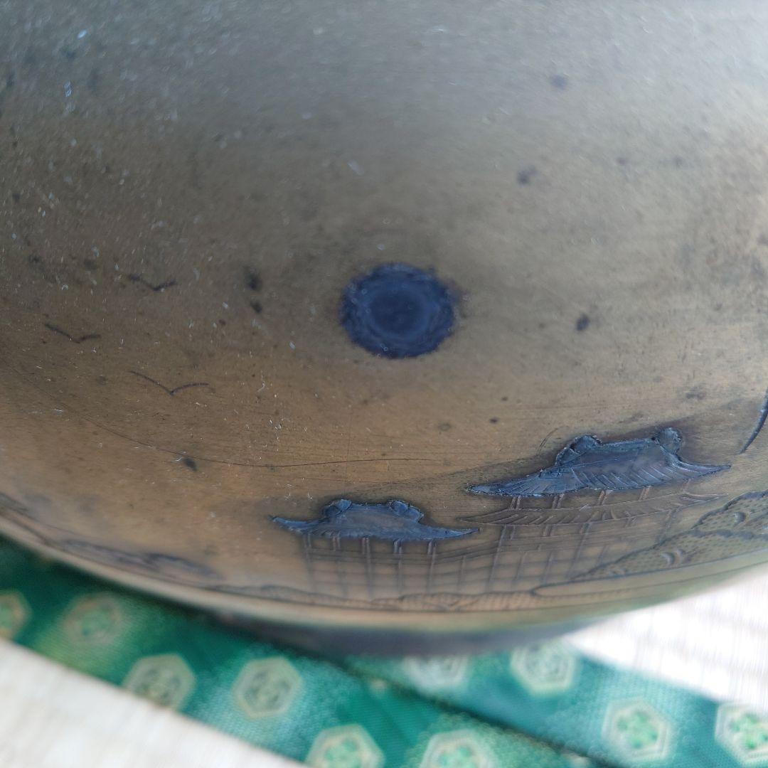 金属真鍮製 火鉢 山水画の装飾