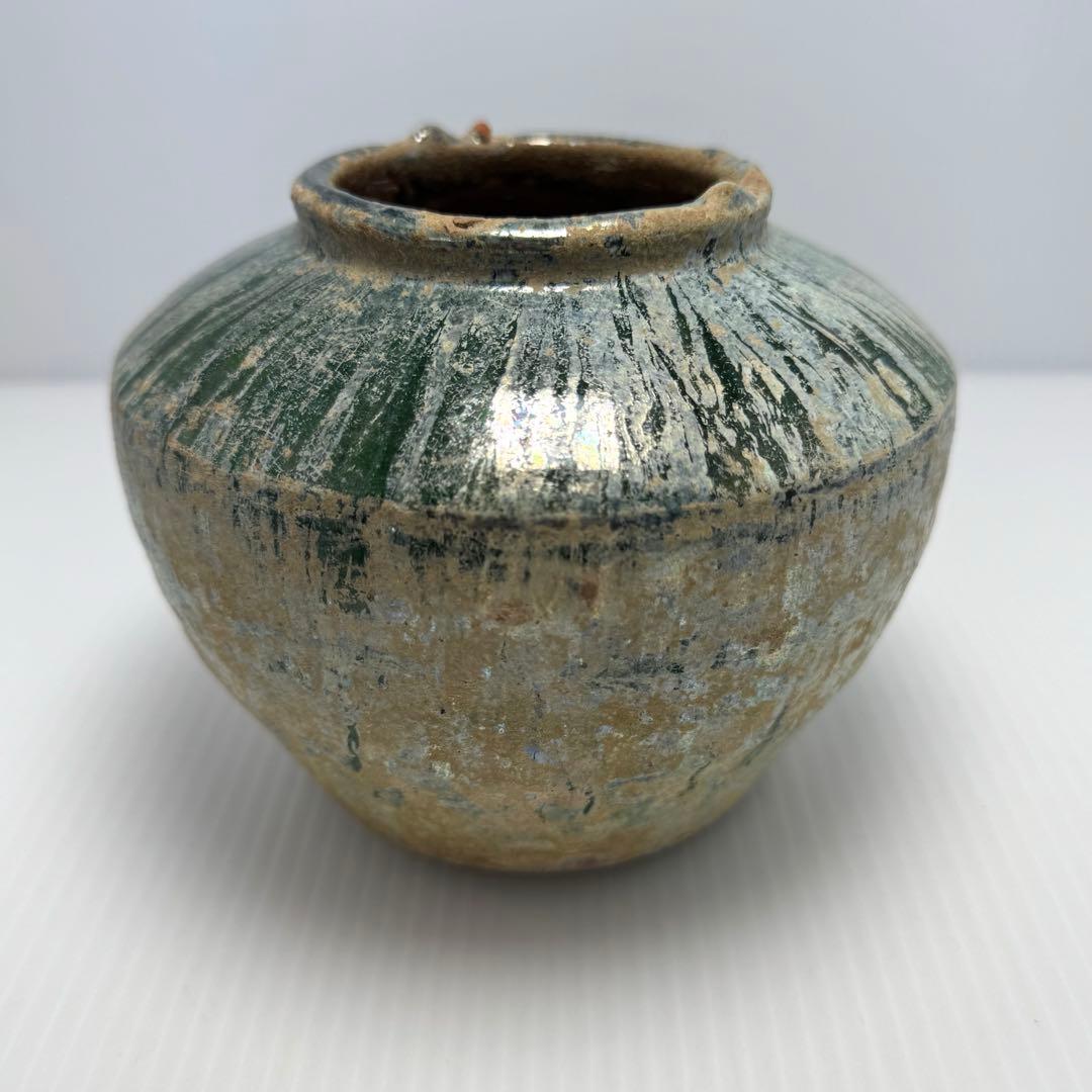 希少 中国 漢時代 漢緑釉 銀化小壺 壺 共箱付 土 泥 付き