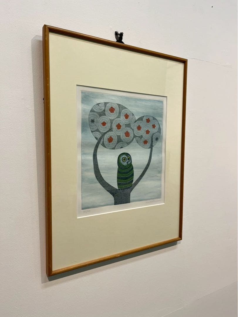 【南桂子】みみづく カラーエッチング 限定100部 サイン入 額装済 版画作品