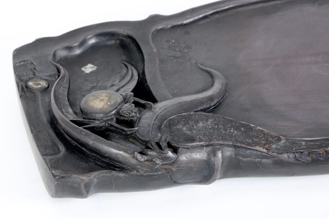 時代物 端渓硯 坑仔岩 蜘蛛紋竹形硯 唐木箱付 書道具 文房四宝 古美術 骨董品