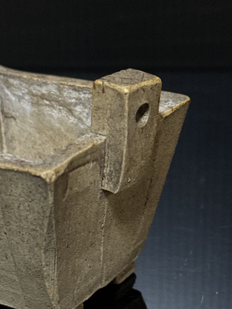 珍品 平安 名人 東福寺 在銘 白泥 耳付箆目四方型 香炉 盆栽鉢 水盤 初期