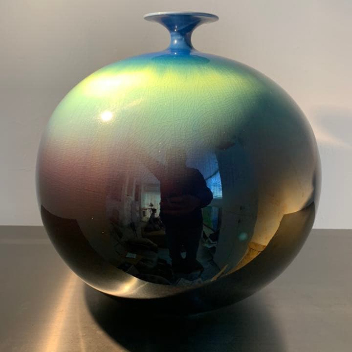 九谷焼　人間国宝 三代　徳田八十吉 (徳田正彦)「碧明釉壷」26cm 共布共箱