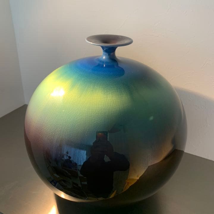 九谷焼　人間国宝 三代　徳田八十吉 (徳田正彦)「碧明釉壷」26cm 共布共箱