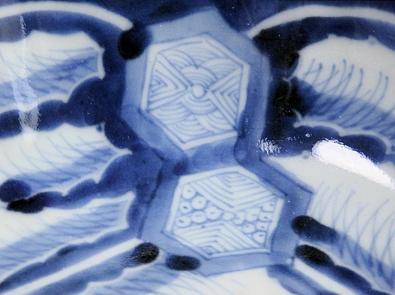 古伊万里　染付　亀甲紋に草花紋の図 膾皿　江戸期　D568AS-fbsx