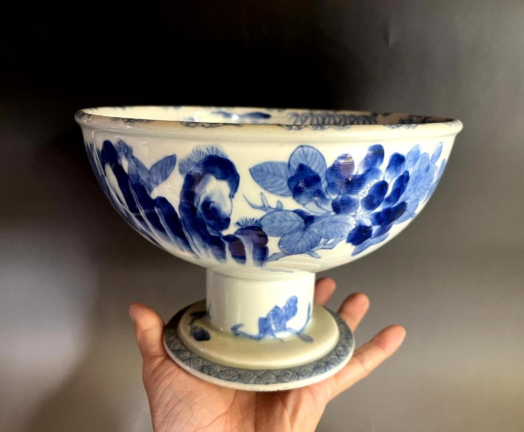 杯洗■古伊万里染付人物絵盃洗 江戸時代後期 竹 鳥 酒器 古美術 時代物 骨董■