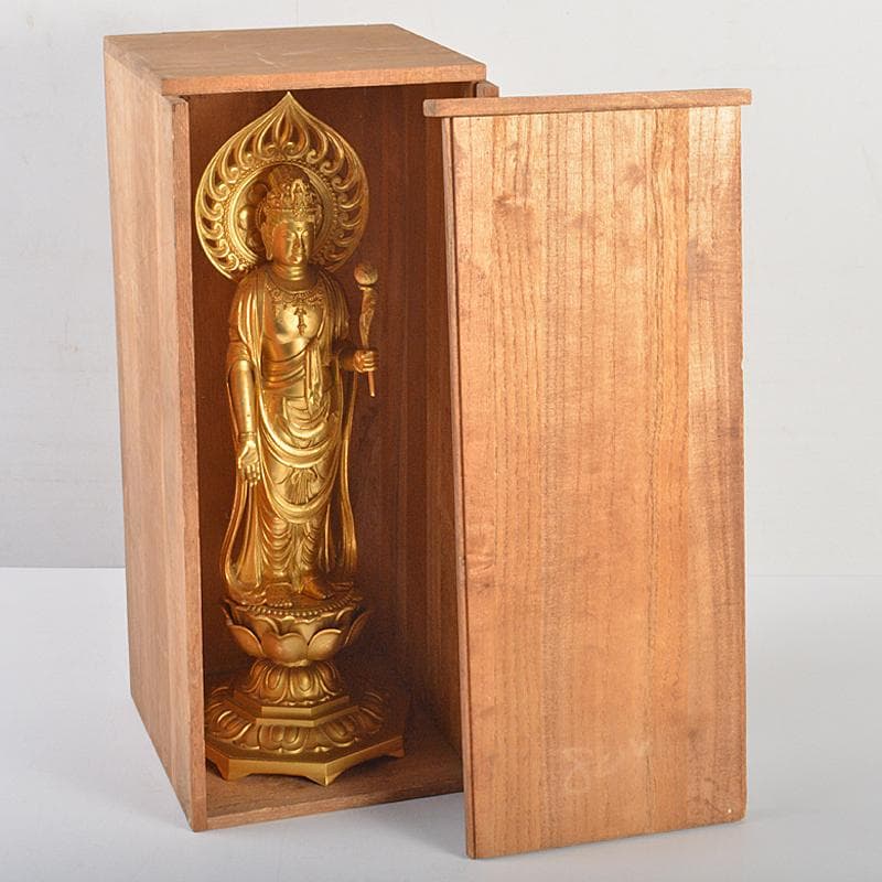 仏師　牧田秀雲作　銅鍍金　聖観世音菩薩像　仏像　置物　共箱　V　R7202B
