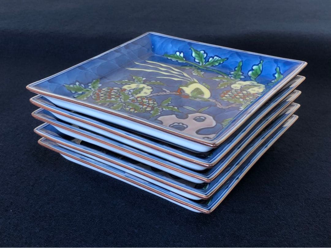 《レ》有田焼 染錦古代花鳥 銘々皿5客 源右衛門作 共箱 251127お1