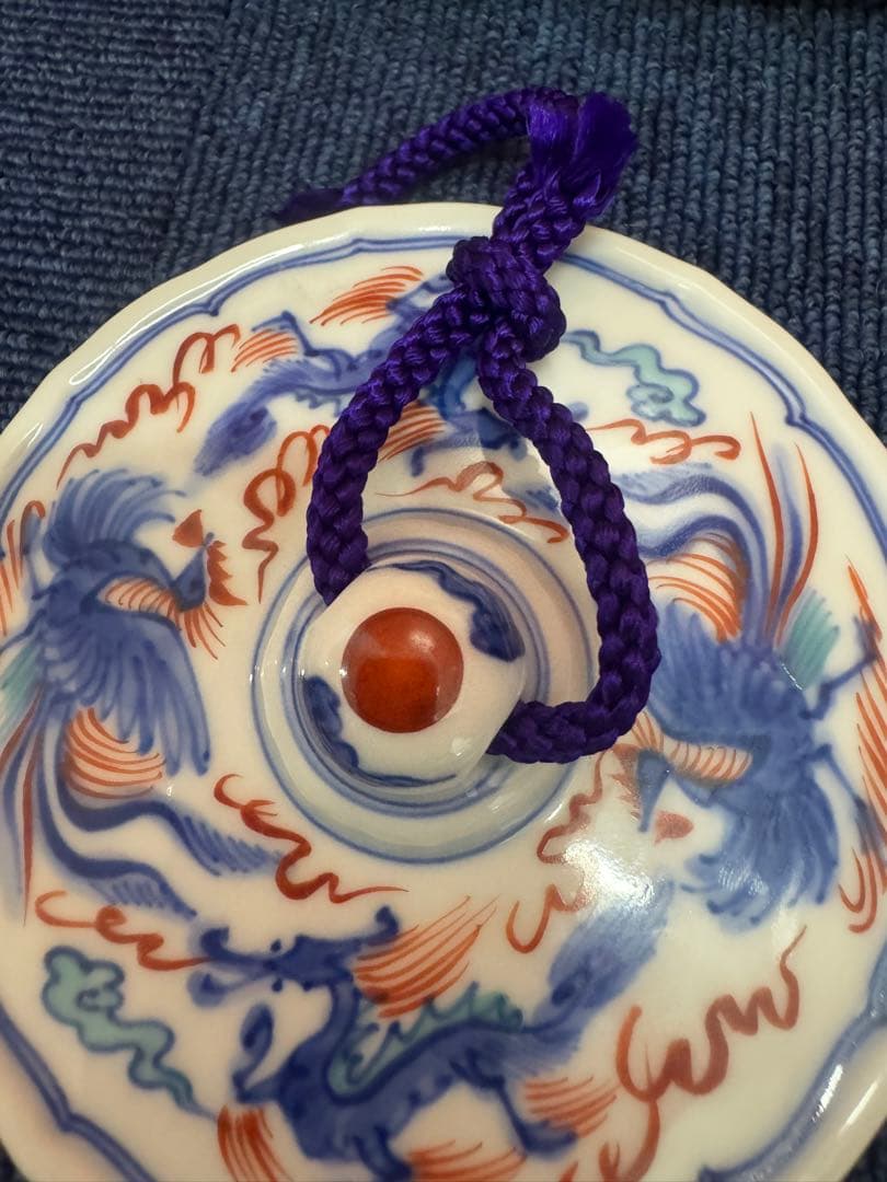 1879 十四代　辻常陸製　染錦龍鳳凰文　文鎮　未使用