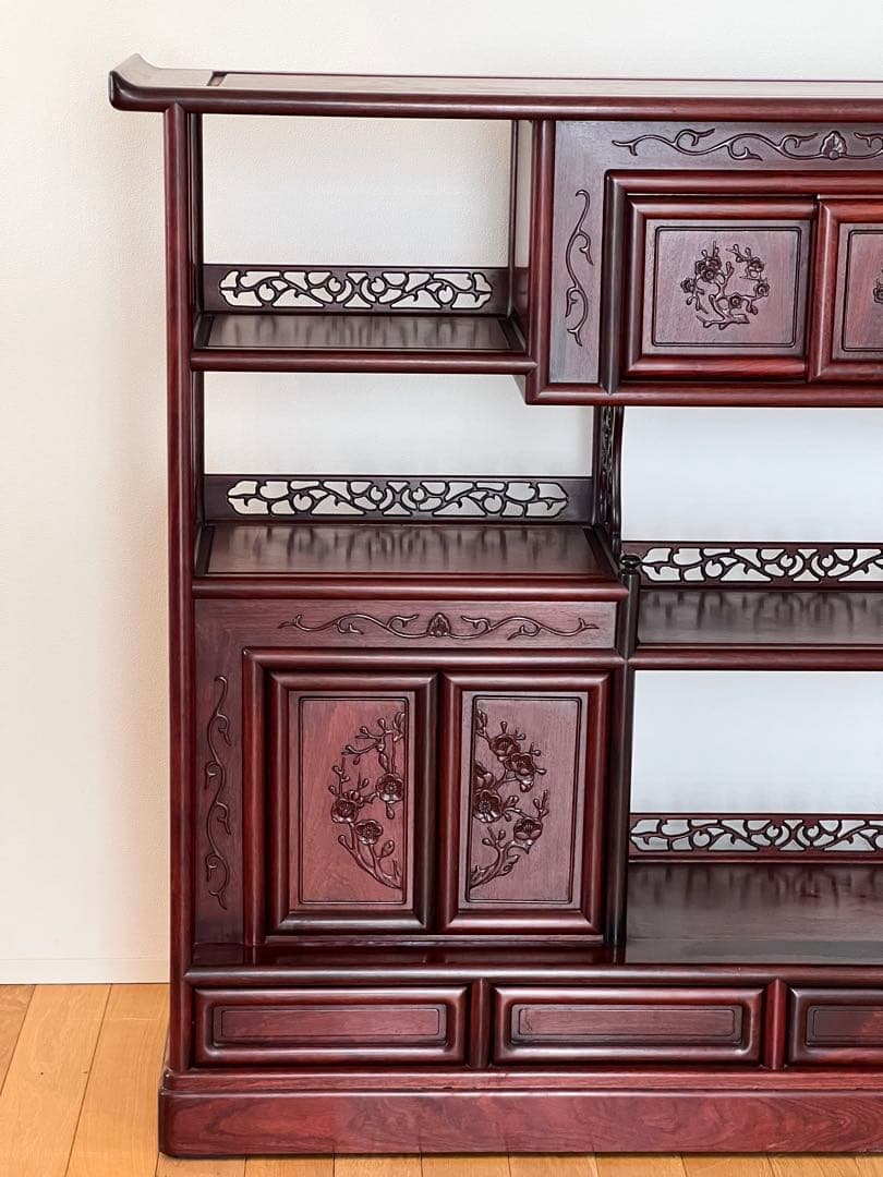 唐木 花梨 茶箪笥 飾り棚 茶棚 違い棚 和家具 木製 彫刻 アンティーク