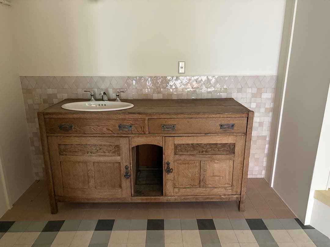 フレンチシャビーアンティーク 木製洗面台 陶器製洗面ボウル付き