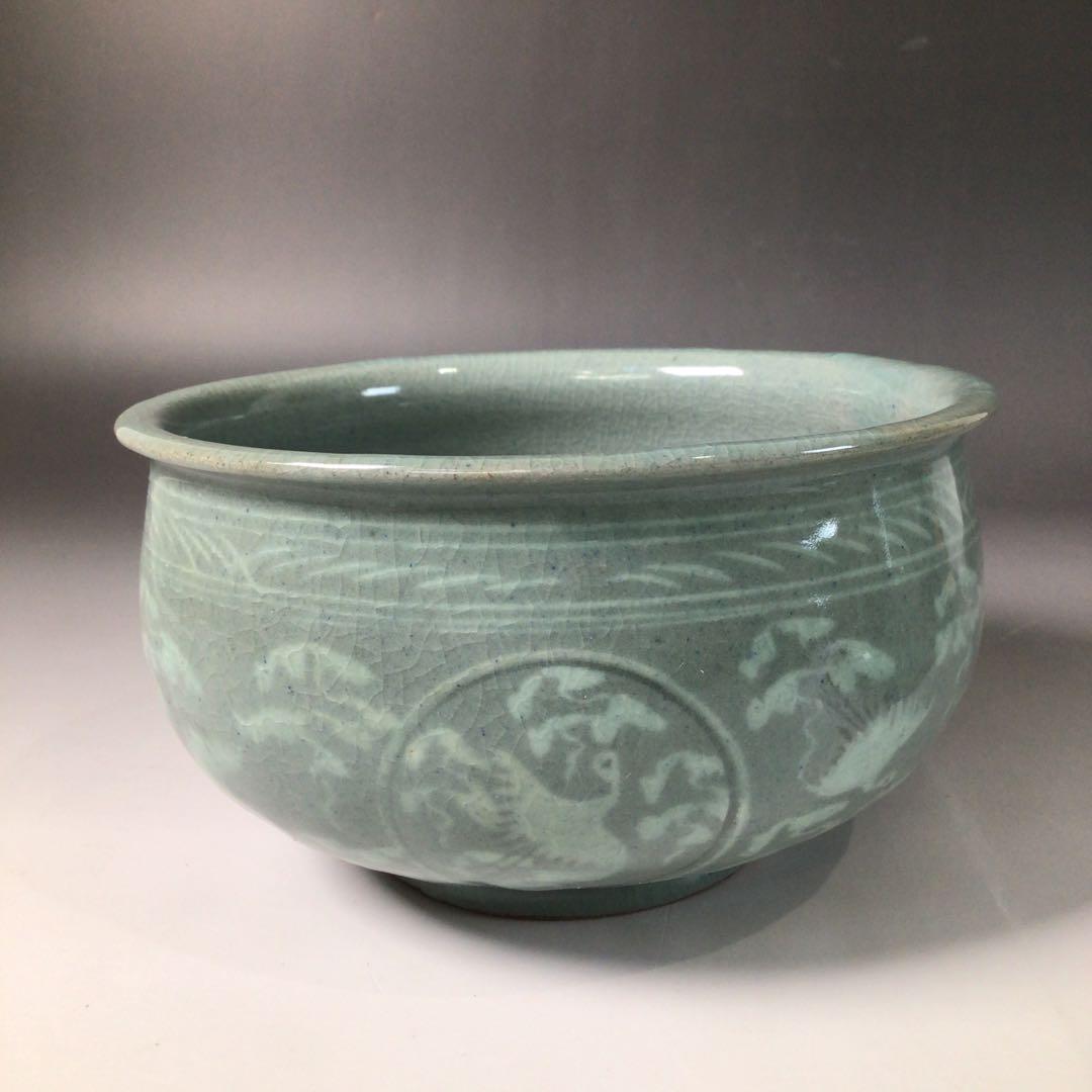 Ｒ９４１　皆具　『李貞夏造』『象嵌雲鶴文』『高麗青磁皆具』　共箱　茶道具