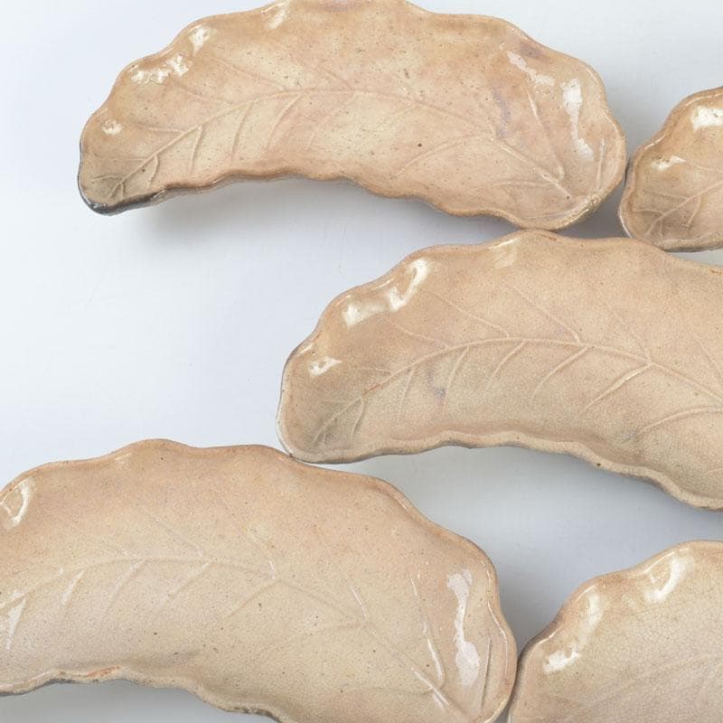 萩焼　十一代　坂高麗左衛門（韓峯）作　葉形　銘々皿　五客　時代箱　V　9500