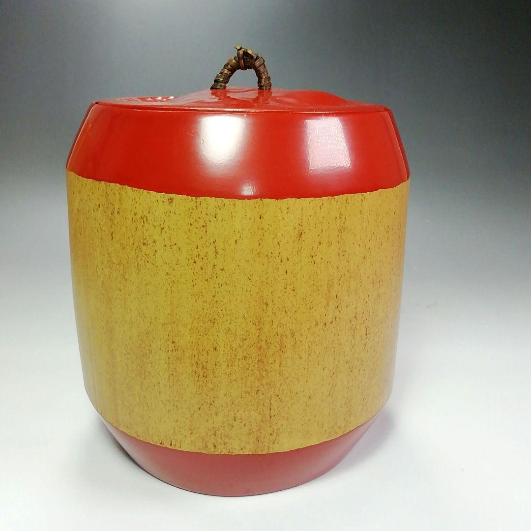 Ｓ４１０　水指　『太鼓胴　朱竹水指』『塗師　助田宗明作』　共箱　茶道具