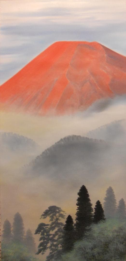 掛け軸 清水栄一 赤富士之図 絹本 希少 軸装 茶道具 掛軸 二重箱 美品 です